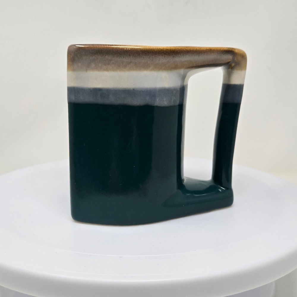 Geometric‎ Ceramic Mug Forest Green Grey Cream Glaze Square stacking nesting cup